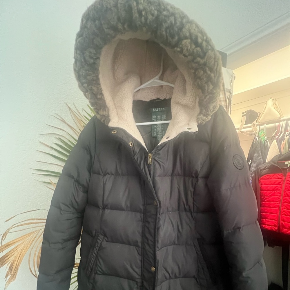 Lauren Ralph Lauren Down Jacket Womens Large Black Puffer Faux Fur